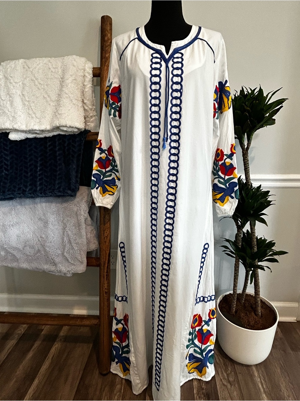 White Embroidered Maxi Dress w/Blue Trim & Multicolor Floral Sleeves by Yeilda M